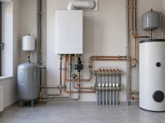 Настенный газовый котёл, коллектор и бойлер в котельной частного дома